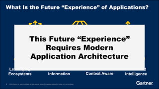 4 © 2020 Gartner, Inc. and/or its affiliates. All rights reserved. Gartner is a registered trademark of Gartner, Inc. and its affiliates.
What Is the Future “Experience” of Applications?
Leveraging
Ecosystems
Multiexperience
Embedded
Intelligence
Context Aware
Continuous
Improvement
Optimized for Role/
Customer/Task
Free-flow of
Information
This Future “Experience”
Requires Modern
Application Architecture
 