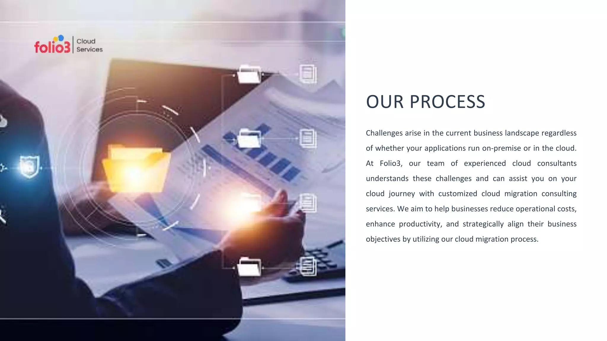 OUR PROCESS
Challenges arise in the current business landscape regardless
of whether your applications run on-premise or in the cloud.
At Folio3, our team of experienced cloud consultants
understands these challenges and can assist you on your
cloud journey with customized cloud migration consulting
services. We aim to help businesses reduce operational costs,
enhance productivity, and strategically align their business
objectives by utilizing our cloud migration process.
 