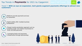 9© Capgemini 2020. All rights reserved |Payments Trends 2021 | November 2020
Source: Capgemini Financial Services Analysis, 2020
Trend 7: With an eye on expansion, tech giants augment payments offerings to attract new
customers
Top Trends in Payments for 2021 by Capgemini Intelligent
Bank
Open
Banking
Customer
centricity
Go-to-
market
agility
Business
resilience
Leveraging banks and payments
infrastructure through partnerships
Platforms provide payments services
to consumers
Digital wallets offer multiple business
propositions
Phased market penetration approach such as
targeting small- and medium businesses to
foray into B2B payments
 