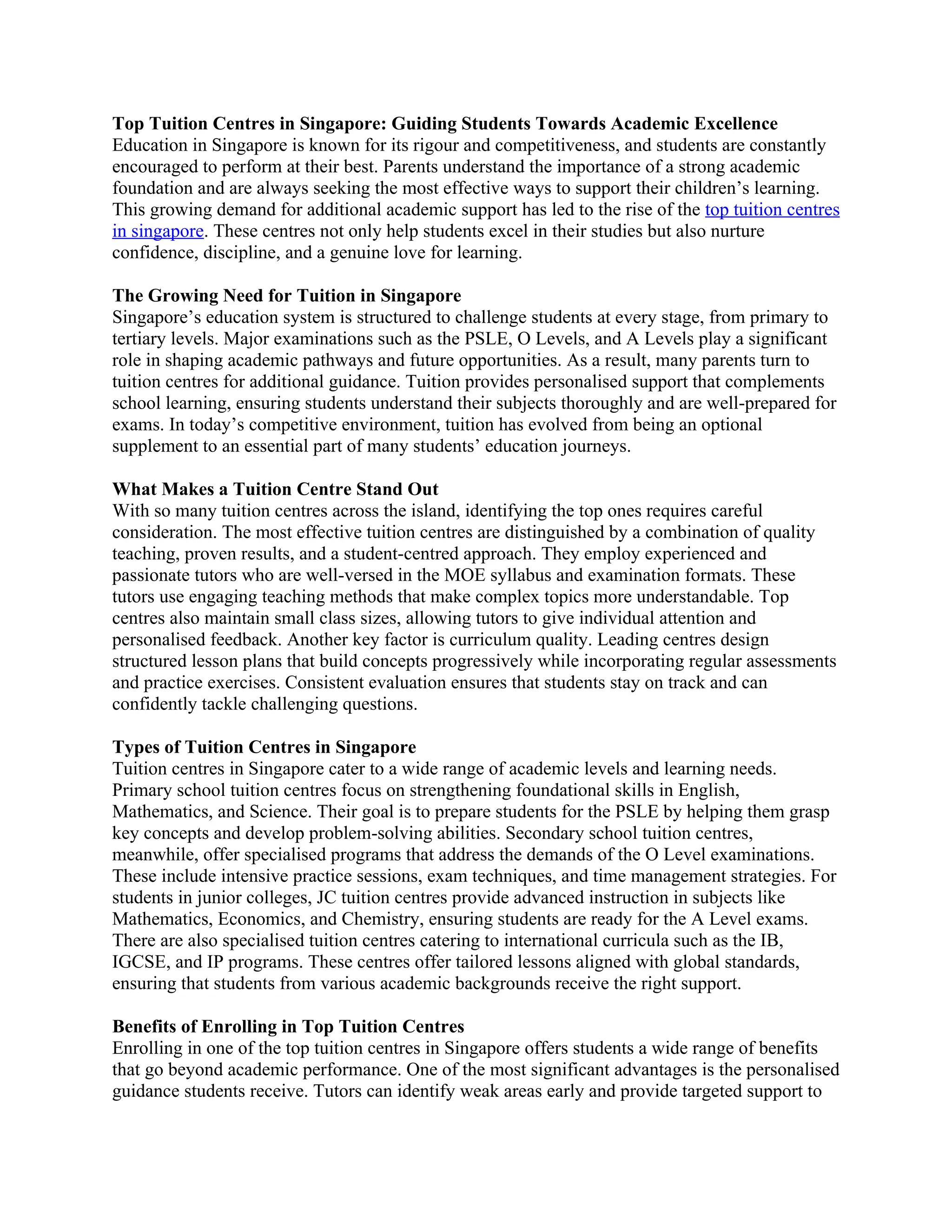 Top Tuition Centres in Singapore: Guiding Students Towards Academic Excellence | DOCX