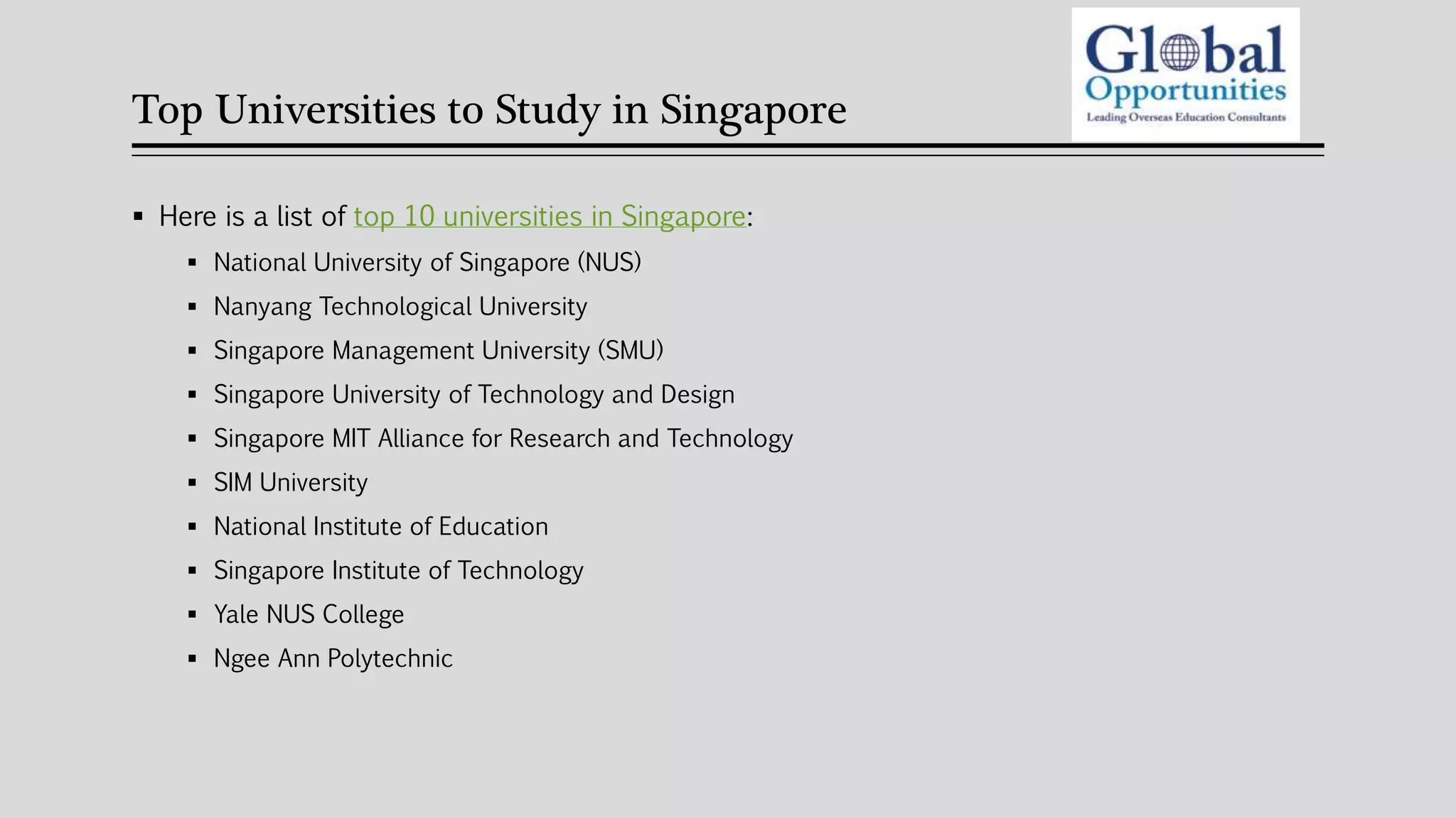 Top Universities to Study in Singapore | PPTX