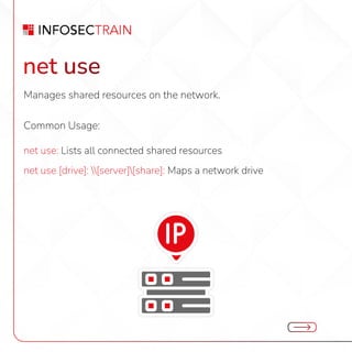 net use
Manages shared resources on the network.
Common Usage:
net use: Lists all connected shared resources
net use [drive]: [server][share]: Maps a network drive
 