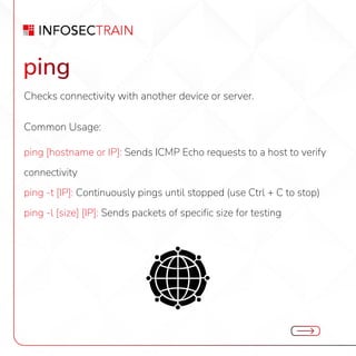 ping
Checks connectivity with another device or server.
Common Usage:
ping [hostname or IP]: Sends ICMP Echo requests to a host to verify
connectivity
ping -t [IP]: Continuously pings until stopped (use Ctrl + C to stop)
ping -l [size] [IP]: Sends packets of specific size for testing
 