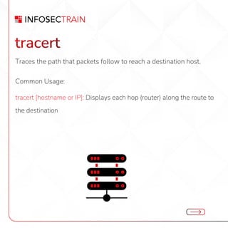 tracert
Traces the path that packets follow to reach a destination host.
Common Usage:
tracert [hostname or IP]: Displays each hop (router) along the route to
the destination
 