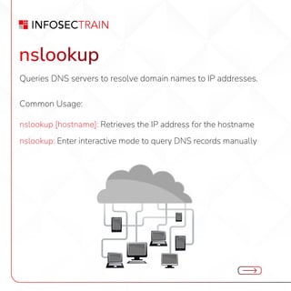 nslookup
Queries DNS servers to resolve domain names to IP addresses.
Common Usage:
nslookup [hostname]: Retrieves the IP address for the hostname
nslookup: Enter interactive mode to query DNS records manually
 