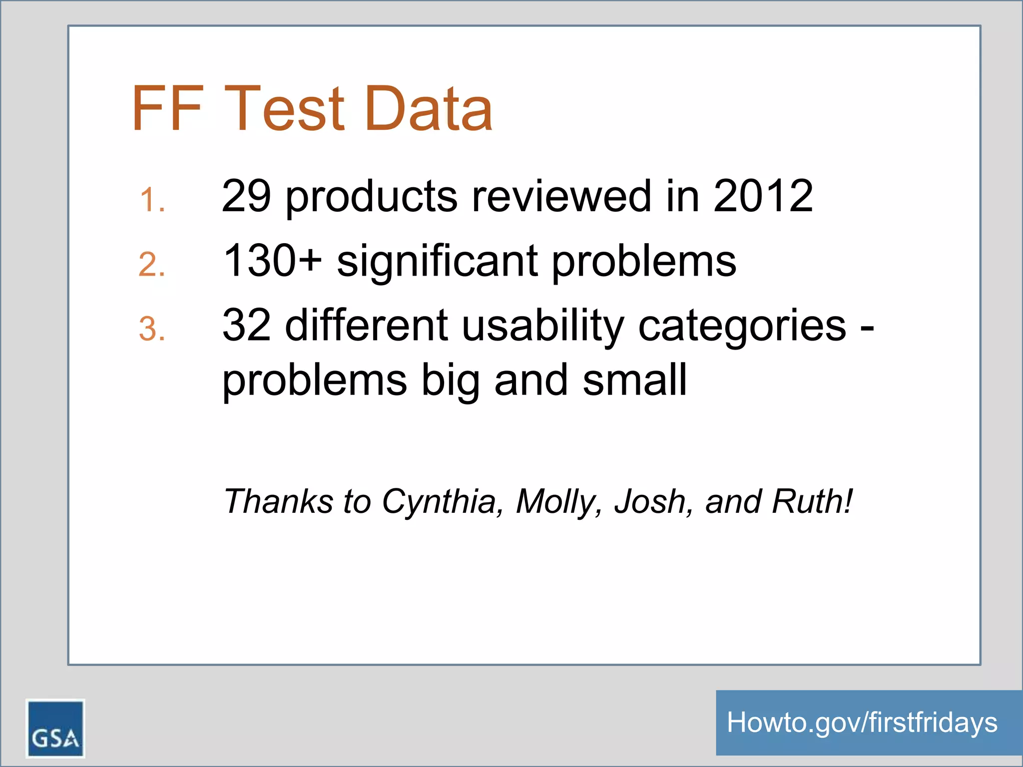 FF Test Data
1. 29 products reviewed in 2012
2. 130+ significant problems
3. 32 different usability categories -
problems big and small
Thanks to Cynthia, Molly, Josh, and Ruth!
Howto.gov/firstfridaysHowto.gov/firstfridays
 