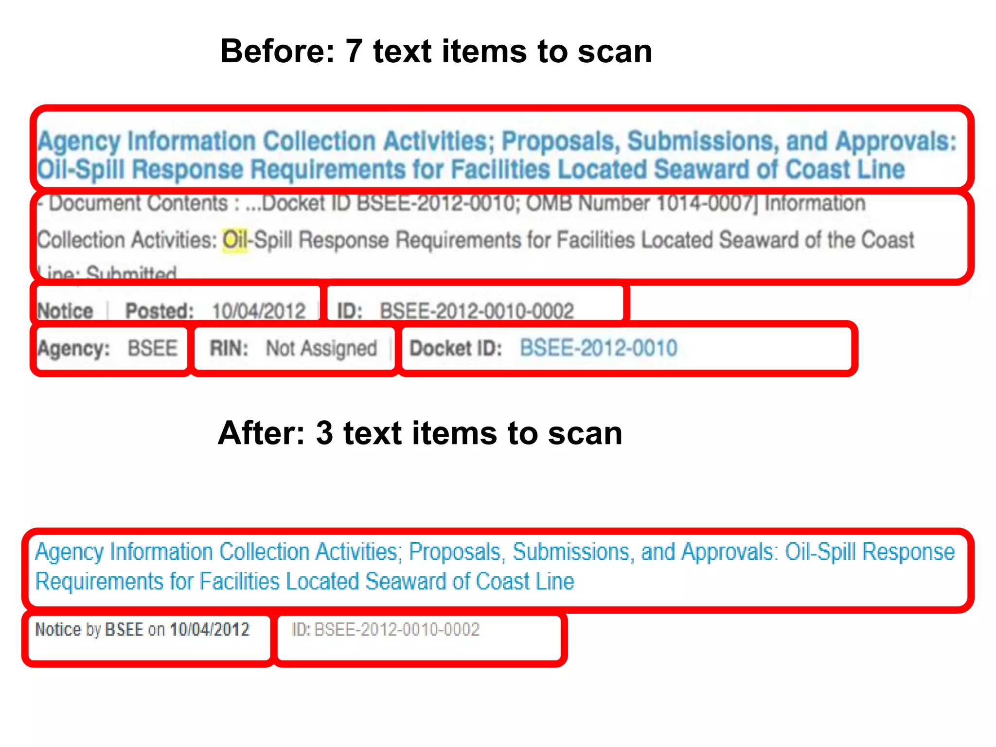Howto.gov/fiHowto.gov/f
Before: 7 text items to scan
After: 3 text items to scan
 