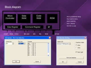 Block diagram Micro Controller Data RAM Code RAM ROM Data Register Command Register BF CONT  GND  +VCC  BK LED  EN  RS  R/W  D7-D0 RS=0 {COMMAND REG} RS=1 {DATA REG} RW=0 {WRITE} RW=1 {READ} EN=450 ns wide 