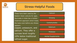 Stress-Helpful Foods
Calcium
Ginseng
Selenium
Herbal Supplements
Molasses
Carbohydrates
Helps in bone & tooth
development and nerve
transmission. Reduces heart
palpitations, muscle cramps,
saturated fat etc. Foods like
milk, cheese, green vegetables
all contain calcium.
As a stress treatment, ginseng
can be very good, something like
alcohol, only without the side
effects. All other things are mere
controversial claims.
An antioxidant with Vitamin E, it
protects cell membrane and
internal structures. Helps in
curing anemia, irregular heart
beat. whole grains, seafood,
eggs, meats, brown rice have
selenium .
A Nature’s gift, organic
molasses granules
maintain trace levels of
nutrients and contain
iron, manganese,
copper, potassium, and
calcium. They offer a
sucrose level roughly
10% below traditional
refined sugar.
If taken in unrefined form they
boost positive energy levels and
thus, help to combat stress.
Some examples are whole grain
bread, pasta, brown rice,
vegetables and fruits.
These have been used by the
Eastern Asian cultures for ages.
Ayurveda in India has a holistic
treatment approach which treats
the body even before any illness
appears.
 