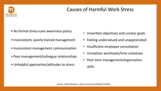 • No formal stress-care awareness policy
• Inconsistent, poorly trained management
• Inconsistent management communication
• Poor management/colleague relationships
• Unhelpful approaches/attitudes to stress
Causes of Harmful Work Stress
Source: Stress Busters– Stress Survival by Robert Holden
• Unwritten objectives and unclear goals
• Feeling undervalued and unappreciated
• Insufficient employee consultation
• Unrealistic workloads/time schedules
• Poor time management/organization
skills
 