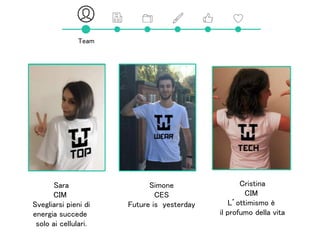 Team
Sara
CIM
Svegliarsi pieni di
energia succede
solo ai cellulari.
Simone
CES
Future is yesterday
Cristina
CIM
L’ottimismo è
il profumo della vita
 