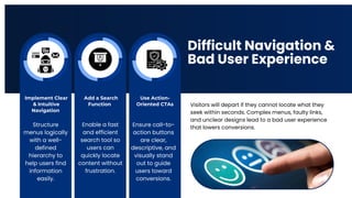 Difficult Navigation &
Bad User Experience
Implement Clear
& Intuitive
Navigation
Visitors will depart if they cannot locate what they
seek within seconds. Complex menus, faulty links,
and unclear designs lead to a bad user experience
that lowers conversions.
Add a Search
Function
Use Action-
Oriented CTAs
Structure
menus logically
with a well-
defined
hierarchy to
help users find
information
easily.
Enable a fast
and efficient
search tool so
users can
quickly locate
content without
frustration.
Ensure call-to-
action buttons
are clear,
descriptive, and
visually stand
out to guide
users toward
conversions.
 