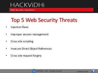 HACKViDHi - 2013 - All rights reserved
Course in Web Programming Basics and Ethical Hacking
Connect us at:
Web Security Assurance
Top 5 Web Security Threats
• Injection flaws
• Improper session management
• Cross site scripting
• Insecure Direct Object References
• Cross site request forgery
 