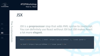 React.createElement('a', { href: 'https://goo.gl/zRPems' }, "lorem ipsum");
<a href={'https://goo.gl/zRPems'}>{'lorem ipsum'}</a>
 