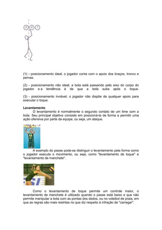 (1) - posicionamento ideal, o jogador conta com o apoio dos braços, tronco e
pernas.
(2) - posicionamento não ideal, a bola está passando pelo eixo do corpo do
jogador e a tendência é de que a bola suba após o toque.
(3) - posicionamento inviável, o jogador não dispõe de qualquer apoio para
executar o toque.
Levantamento
O levantamento é normalmente o segundo contato de um time com a
bola. Seu principal objetivo consiste em posicioná-la de forma a permitir uma
ação ofensiva por parte da equipe, ou seja, um ataque.
A exemplo do passe pode-se distinguir o levantamento pela forma como
o jogador executa o movimento, ou seja, como "levantamento de toque" e
"levantamento de manchete".
Como o levantamento de toque permite um controle maior, o
levantamento de manchete é utilizado quando o passe está baixo e que não
permite manipular a bola com as pontas dos dedos, ou no voleibol de praia, em
que as regras são mais restritas no que diz respeito à infração de "carregar".
 