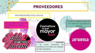 PROVEEDORES
DISTRIBUIDORES EXCLUSIVOS
Tienda online de venta de
cosméticos por mayor y
menor
Tienda de belleza dedicada
a la venta de maquillaje en
general
Empresa dedicada
a la venta exclusiva de
cosméticos en todas sus categorí
as más populares.
 