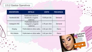 2.5.2 Gastos Operativos
DESCRIPCIÓN DETALLE COSTO FRECUENCIA
Facebook Ads
Publicidad diaria en
Facebook y lugares
externos
15.00 por día Semanal
Instagram Ads
Publicidad diaria en
Instagram y lugares
externos
2.76 por click Semanal
Display Publicidad en sitios webs. 2.42 por click Diario
Rich Media Publicidad en sitios webs. 2.42 por click Diario
 