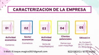 CARACTERIZACION DE LA EMPRESA
Actividad
economica
Comercio
Sector
economico
Ubicación
Damas que
usen maquillaje
01 02 03 04 05
Actividad
Principal
Clientes
potenciales
Cosmeticos Venta de
maquillaje(ojos)
Av. Europa E-
30 C.P. Chen Ch
en, Moquegua.
E-Mail: El.toque.magico2021@gmail.com 922158313 / 977131492
 