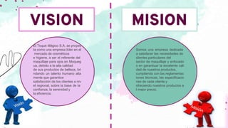VISION MISION
Somos una empresa dedicada
a satisfacer las necesidades de
clientes particulares del
sector de maquillaje y enfocado
s en garantizar la excelente cali
dad de nuestros productos,
cumpliendo con las reglamentac
iones técnicas, las especificacio
nes de cada cliente y
ofreciendo nuestros productos a
l mejor precio.
El Toque Mágico S.A. se proyec
ta como una empresa líder en el
mercado de cosméticos
e higiene, a ser el referente del
maquillaje para ojos en Moqueg
ua, debido a la alta calidad
de sus productos de belleza, bri
ndando un talento humano alta
mente que garantice
satisfacción de los clientes a niv
el regional, sobre la base de la
confianza, la serenidad y
la eficiencia.
 