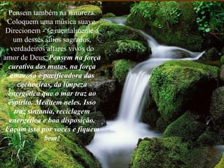 Pensem também na natureza. Coloquem uma música suave. Direcionem - se mentalmente a um desses sítios sagrados, verdadeiros altares vivos do amor de Deus.  Pensem na força curativa das matas, na força amorosa e pacificadora das cachoeiras, da limpeza energética que o mar traz ao espírito. Meditem neles. Isso traz sintonia, reciclagem energética e boa disposição. Façam isso por vocês e fiquem bem! 