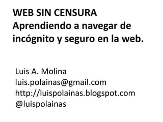 WEB SIN CENSURA
Aprendiendo a navegar de
incógnito y seguro en la web.

Luis A. Molina
luis.polainas@gmail.com
http://luispolainas.blogspot.com
@luispolainas
 