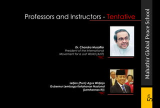 MahathirGlobalPeaceSchool
5th
Dr. Chandra Muzaffar
President of the International
Movement for a Just World (JUST)
*TBC
Professors and Instructors - Tentative
Letjen (Purn) Agus Widjojo
Gubernur Lembaga Ketahanan Nasional
(Lemhannas RI))
*TBC
 