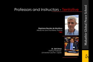 MahathirGlobalPeaceSchool
5th
Dr. Sidi Omar
Visiting Professor,
Universitat Jaume I, Spain
Stephane Reynier de Montlaux
Medicine Sans Frontieres, France
*TBC
Professors and Instructors - Tentative
 