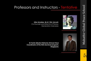 MahathirGlobalPeaceSchool
5th
Irfan Amalee, M.A// Eric Lincoln
Co-Founder and Director of Peace
Generation Indonesia
Professors and Instructors - Tentative
Dr Farish (Badrol Hisham) Ahmad-Noor
Coordinator of the RSIS doctoral program,
Singapore,
 