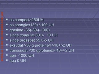 SPITALULCLINICDEPNEUMOLOGIEIASI
 os compact>250UHos compact>250UH
 os spongios130+/-100 UHos spongios130+/-100 UH
 grasime -65(-80-(-100))grasime -65(-80-(-100))
 singe coagulat 80+/- 10 UHsinge coagulat 80+/- 10 UH
 singe proaspat 55+/-5 UHsinge proaspat 55+/-5 UH
 exsudat >30 g proteine/l >18+/-2 UHexsudat >30 g proteine/l >18+/-2 UH
 transsudat <30 gproteine/l<18+/-2 UHtranssudat <30 gproteine/l<18+/-2 UH
 aer( -1000)UHaer( -1000)UH
 apa 0 UHapa 0 UH
 