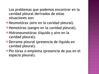 Los problemas que podemos encontrar en la cavidad pleural derivados de estas situaciones son: Neumotórax (aire en la cavidad pleural).  Hemotórax (sangre en la cavidad pleural).  Hidroneumotórax (líquido y aire en la cavidad pleural).  Derrame pleural (presencia de líquido en cavidad pleural). Pio tórax o empiema (presencia de pus en el espacio pleural). 