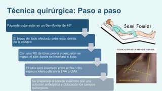Técnica quirúrgica: Paso a paso
Paciente debe estar en un Semifowler de 45º
El brazo del lado afectado debe estar detrás
de la cabeza
Con una RX de tórax previa y percusión se
marca el sitio donde se insertará el tubo
El tubo será insertado entre el 5to o 6to
espacio intercostal en la LAA o LMA
Se preparará el sitio de inserción con una
solución antiséptica y colocación de campos
quirúrgicos.
 