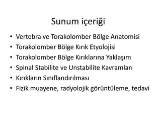 Sunum içeriği
•   Vertebra ve Torakolomber Bölge Anatomisi
•   Torakolomber Bölge Kırık Etyolojisi
•   Torakolomber Bölge Kırıklarına Yaklaşım
•   Spinal Stabilite ve Unstabilite Kavramları
•   Kırıkların Sınıflandırılması
•   Fizik muayene, radyolojik görüntüleme, tedavi
 