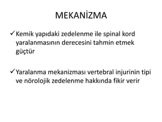 MEKANİZMA
Kemik yapıdaki zedelenme ile spinal kord
 yaralanmasının derecesini tahmin etmek
 güçtür

Yaralanma mekanizması vertebral injurinin tipi
 ve nörolojik zedelenme hakkında fikir verir
 