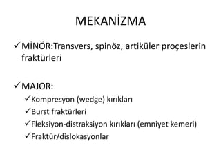 MEKANİZMA
MİNÖR:Transvers, spinöz, artiküler proçeslerin
 fraktürleri

MAJOR:
  Kompresyon (wedge) kırıkları
  Burst fraktürleri
  Fleksiyon-distraksiyon kırıkları (emniyet kemeri)
  Fraktür/dislokasyonlar
 