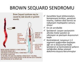 BROWN SEQUARD SENDROMU
            Genellikle faset kilitlenmeleri,
             kompresyon kırıkları, penetran
             travma, nadiren disk hernisi ve
             radyasyon myelopatisi sonucu
             oluşur
            En sık servikalde
            İpsilateral: Lezyon seviyesinin
             altında motor paralizi ve
             vibrasyon ve pozisyon duyusunun
             kaybı
            Kontralateral: Lezyonun 1-2
             segment aşağısından başlayan
             ağrı ve ısı duyusunun kaybı
             ipsilateral ve kontralateral yolların
             varlığından dolayı yüzeyel
             dokunma duyusu korunmuştur
 
