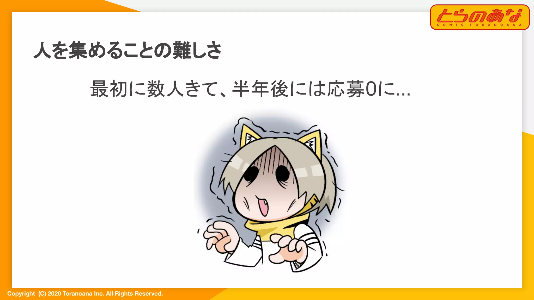 Copyright  (C) 2020 Toranoana Inc. All Rights Reserved.
最初に数人きて、半年後には応募0に…
人を集めることの難しさ
 