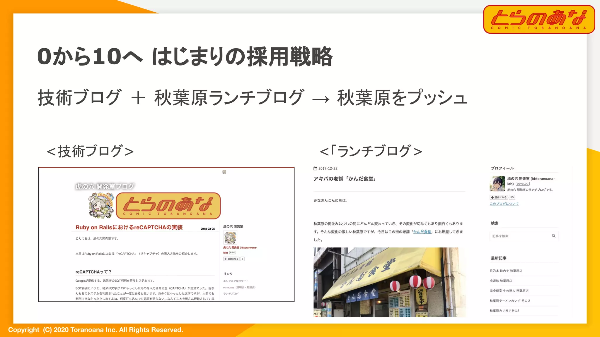 Copyright  (C) 2020 Toranoana Inc. All Rights Reserved.
技術ブログ ＋ 秋葉原ランチブログ → 秋葉原をプッシュ
<技術ブログ> <「ランチブログ>
0から10へ はじまりの採用戦略
 