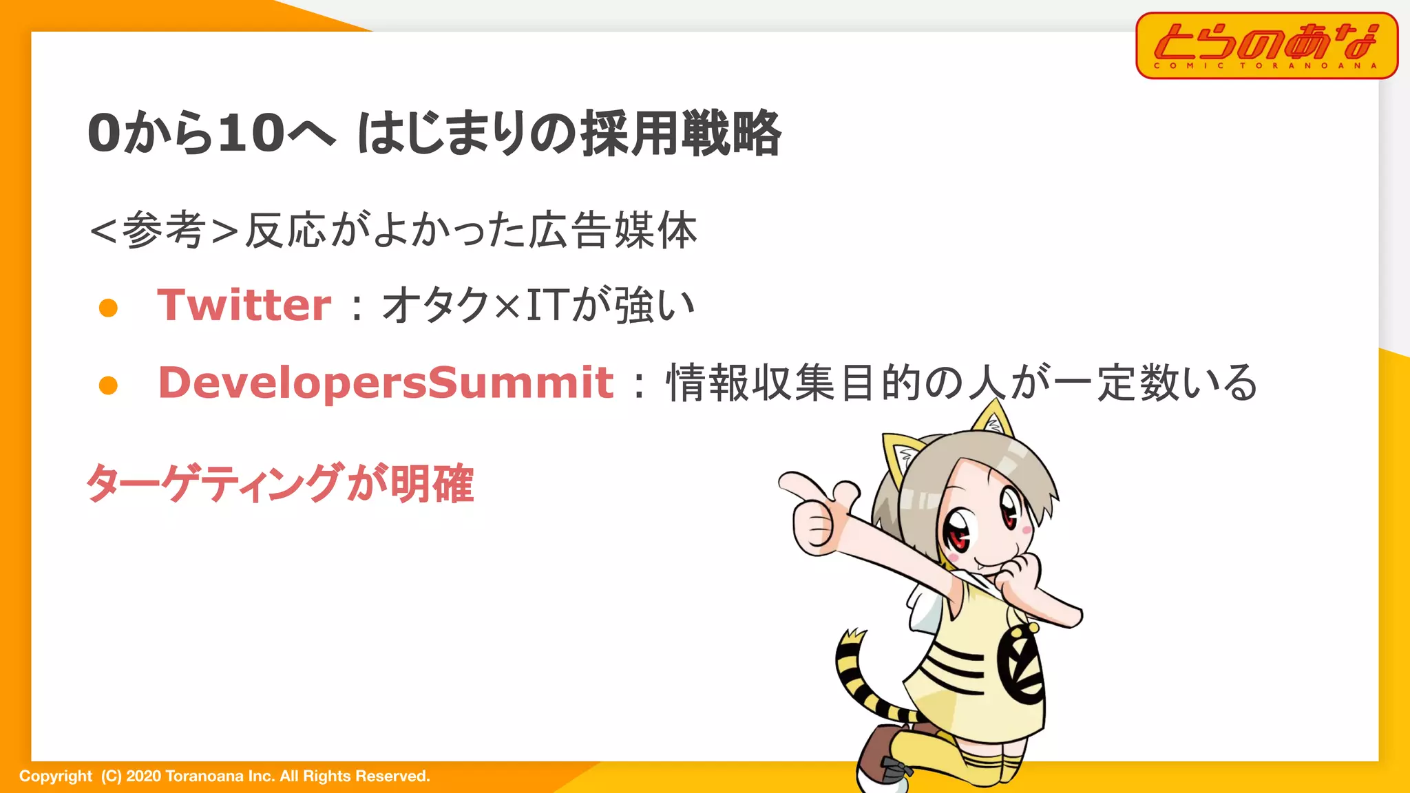 Copyright  (C) 2020 Toranoana Inc. All Rights Reserved.
<参考>反応がよかった広告媒体
● Twitter : オタク×ITが強い
● DevelopersSummit : 情報収集目的の人が一定数いる
ターゲティングが明確
0から10へ はじまりの採用戦略
 