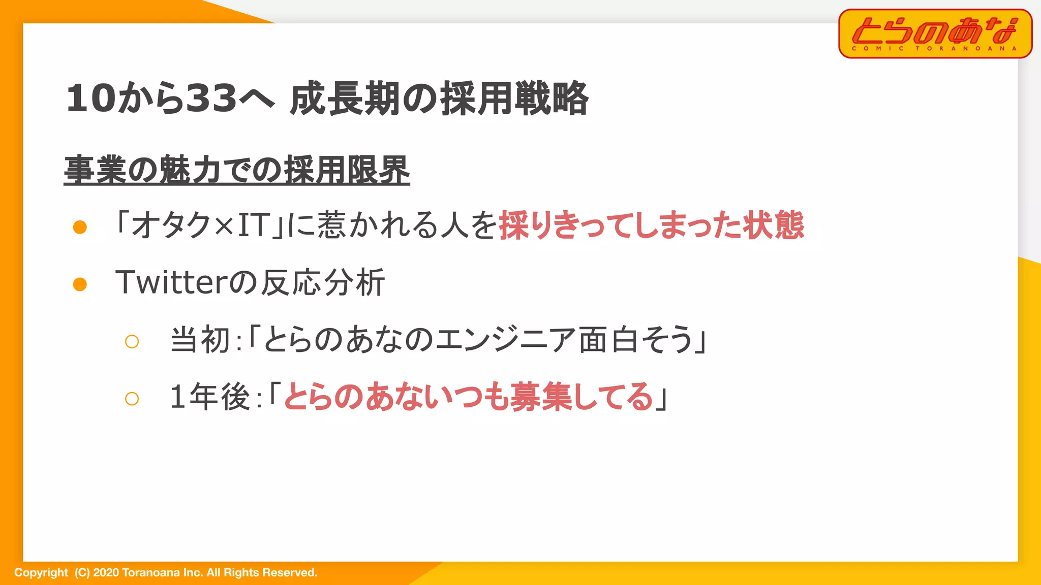 Copyright  (C) 2020 Toranoana Inc. All Rights Reserved.
事業の魅力での採用限界
● 「オタク×IT」に惹かれる人を採りきってしまった状態
● Twitterの反応分析
○ 当初：「とらのあなのエンジニア面白そう」
○ 1年後：「とらのあないつも募集してる」
10から33へ 成長期の採用戦略
 