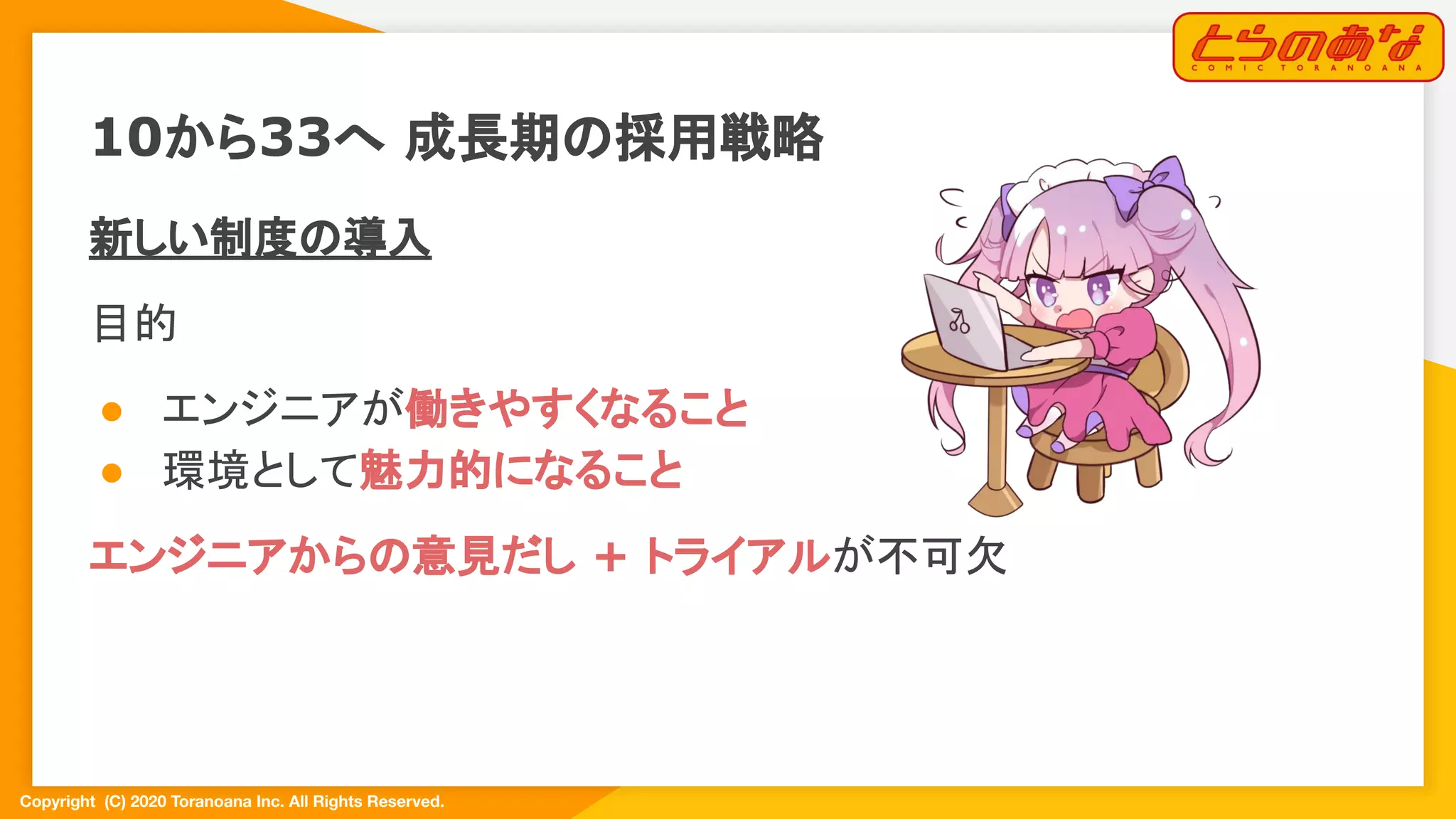 Copyright  (C) 2020 Toranoana Inc. All Rights Reserved.
新しい制度の導入
目的
● エンジニアが働きやすくなること
● 環境として魅力的になること
エンジニアからの意見だし + トライアルが不可欠
10から33へ 成長期の採用戦略
 