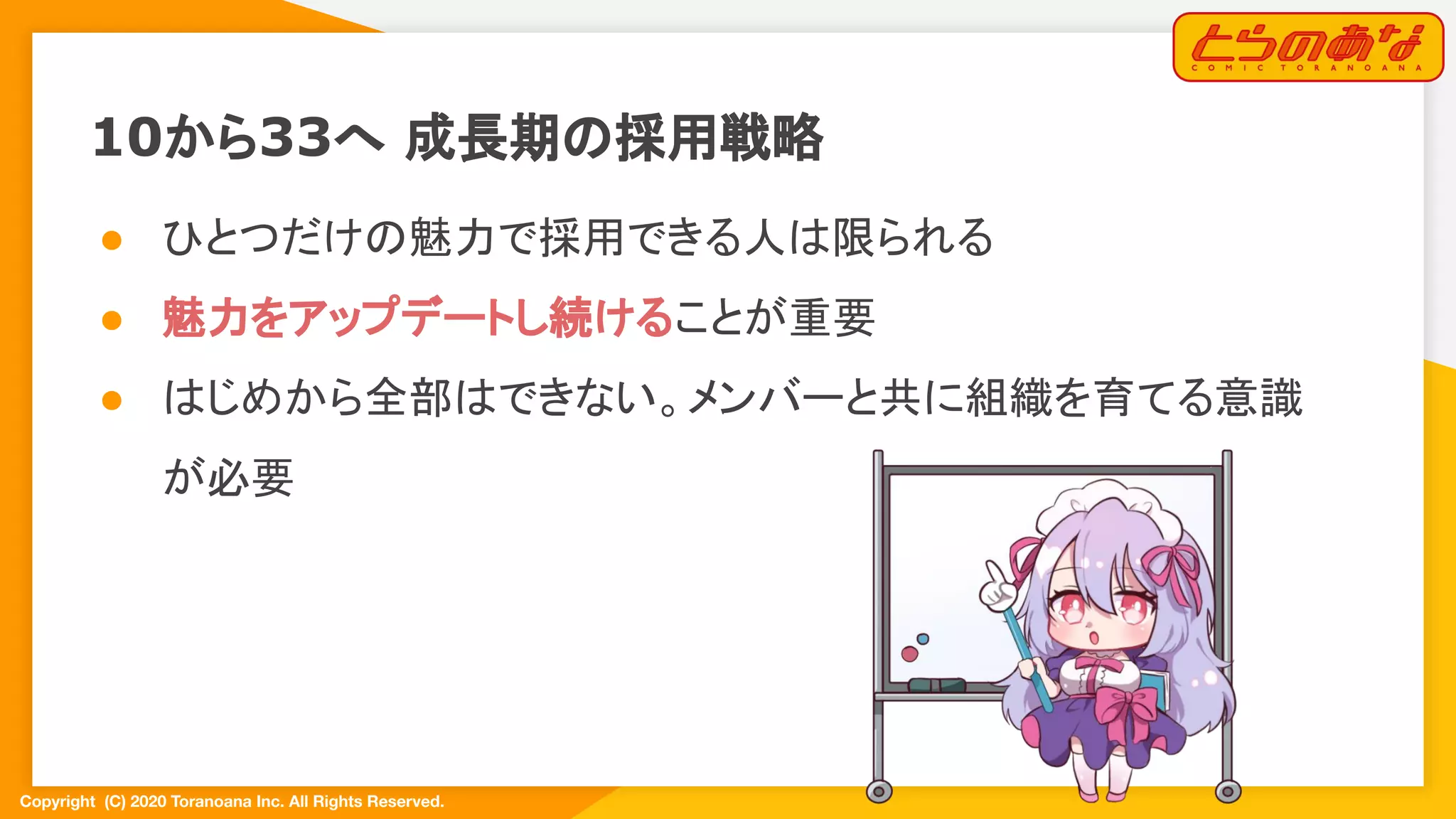 Copyright  (C) 2020 Toranoana Inc. All Rights Reserved.
● ひとつだけの魅力で採用できる人は限られる
● 魅力をアップデートし続けることが重要
● はじめから全部はできない。メンバーと共に組織を育てる意識
が必要
10から33へ 成長期の採用戦略
 
