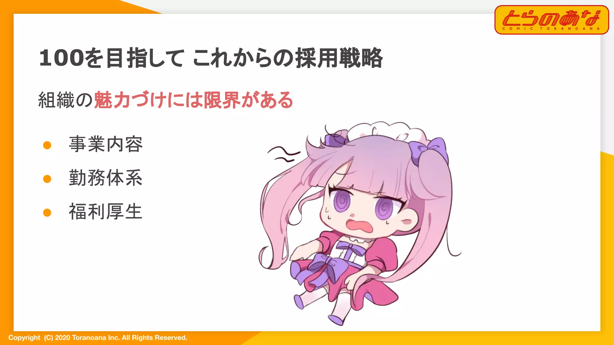 Copyright  (C) 2020 Toranoana Inc. All Rights Reserved.
100を目指して これからの採用戦略
組織の魅力づけには限界がある
● 事業内容
● 勤務体系
● 福利厚生
 