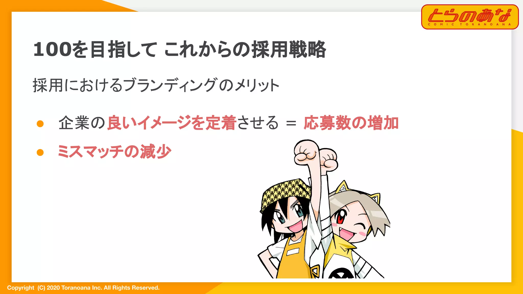 Copyright  (C) 2020 Toranoana Inc. All Rights Reserved.
100を目指して これからの採用戦略
採用におけるブランディングのメリット
● 企業の良いイメージを定着させる = 応募数の増加
● ミスマッチの減少
 