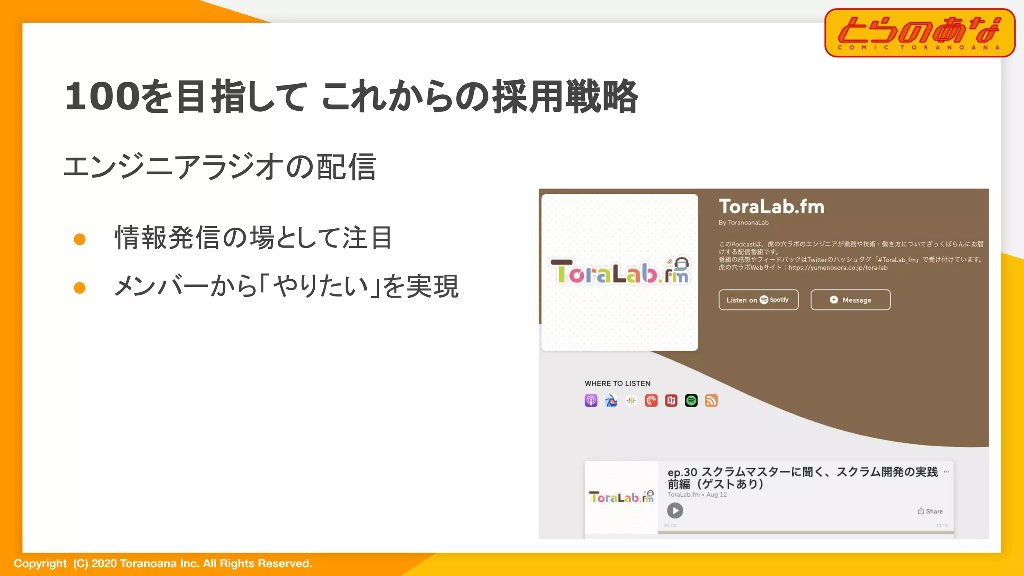 Copyright  (C) 2020 Toranoana Inc. All Rights Reserved.
100を目指して これからの採用戦略
エンジニアラジオの配信
● 情報発信の場として注目
● メンバーから「やりたい」を実現
 