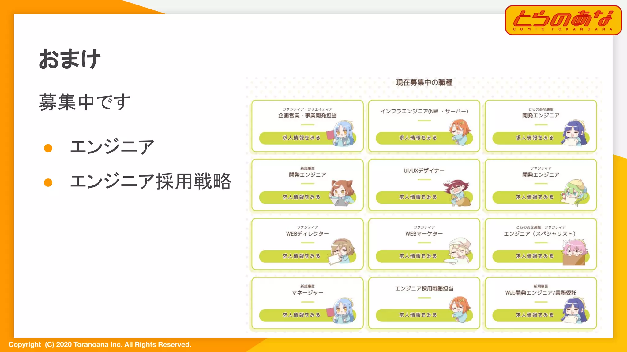Copyright  (C) 2020 Toranoana Inc. All Rights Reserved.
おまけ
募集中です
● エンジニア
● エンジニア採用戦略
 