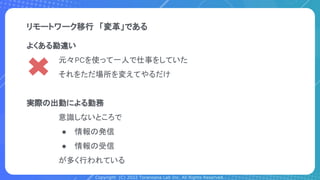 Copyright (C) 2022 Toranoana Lab Inc. All Rights Reserved.
リモートワーク移行　「変革」である
よくある勘違い
元々PCを使って一人で仕事をしていた
それをただ場所を変えてやるだけ
実際の出勤による勤務
意識しないところで
● 情報の発信
● 情報の受信
が多く行われている
 