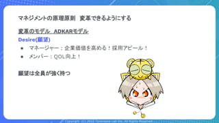 Copyright (C) 2022 Toranoana Lab Inc. All Rights Reserved.
変革のモデル　ADKARモデル
Desire(願望)
● マネージャー : 企業価値を高める！採用アピール！
● メンバー : QOL向上！
願望は全員が強く持つ
マネジメントの原理原則　変革できるようにする
 