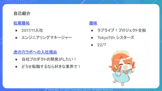 Copyright (C) 2022 Toranoana Lab Inc. All Rights Reserved.
自己紹介
松尾陽祐
● 2017/11入社
● エンジニアリングマネージャー
虎の穴ラボへの入社理由
● 自社プロダクトの開発がしたい！
● どうせ転職するなら好きな業界で！
趣味
● ラブライブ！プロジェクト全般
● Tokyo7th シスターズ
● 22/7
 