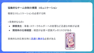 Copyright (C) 2022 Toranoana Lab Inc. All Rights Reserved.
複雑なコミュニケーションを必要する例
<突発的なもの>
● 障害発生 : 事象・ステークホルダーへの影響など迅速な判断が必要
● 開発時の仕様確認 : 確認が必要＝認識ズレのリスクがある
突発的な対応発生時に迅速に集まる必要がある
協働的なチーム体制の構築　コミュニケーション
 
