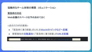 Copyright (C) 2022 Toranoana Lab Inc. All Rights Reserved.
緊急時の対応
Web会議のスペースを予め決めておく
<虎の穴ラボの実例>
● 「緊急時に集う部屋」のURLをSlackのトピックなどへ記載
● 障害検知の自動通知に「緊急時に集う部屋」のURLを記載
協働的なチーム体制の構築　コミュニケーション
 